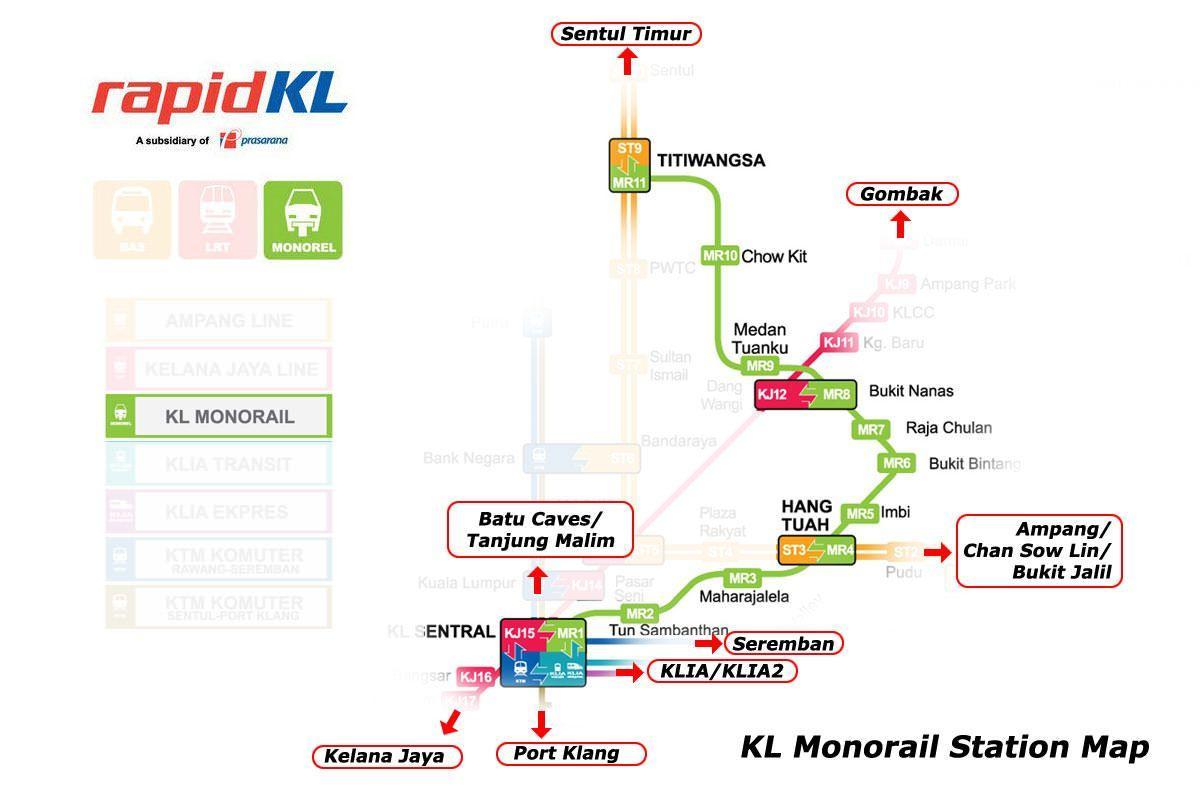 монорельса KL маршрут на картата